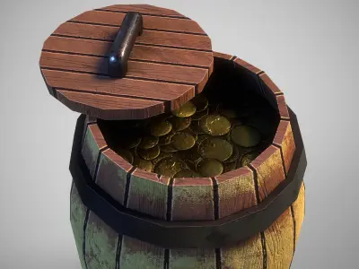 Stylized gameready barrel with golden coins Low-poly 3D model
