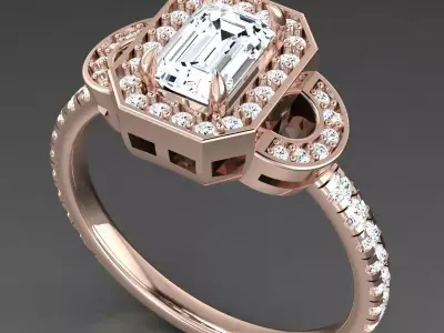 Luxury Gold Art Deco Ring With Emerald-Cut Gemstone 3D print model