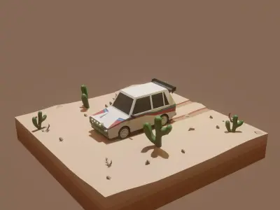 Low Poly Rally car in desert with cactus Low-poly 3D model