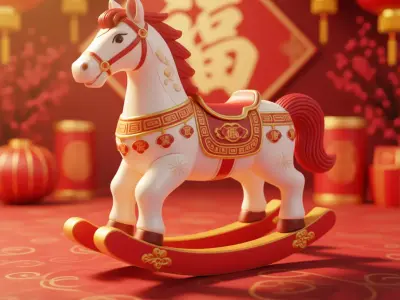 Festive Chinese New Year Rocking Horse Toy Red Gold Low-poly 3D model