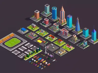 Polygonia City Buildings Cars and Elements Pack Low-poly 3D model