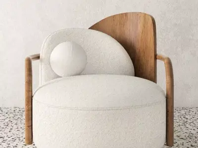Modern Armchair Wooden Backrest Beige Upholstered Chair 3D Low-poly 3D model