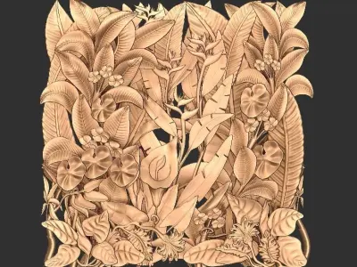 natural wall carved relief panel  plants 3D model