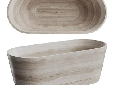Handcrafted Oval Stone Bathtub with Carved Linear Detail 3D model