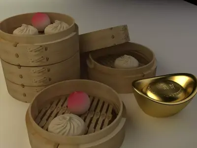 Chinese bamboo steamer with buns and yuanbaos 3D model