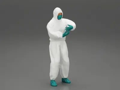 man wearing antivirus suit standing and carrying 3D print model