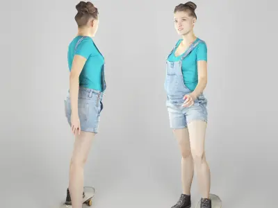 Young girl in short denim overalls on a skateboard 211 Low-poly 3D model