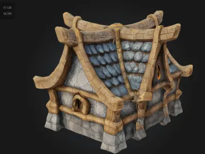 Stylized Fantasy House Medieval Wooden and Stone Building Low-poly 3D model