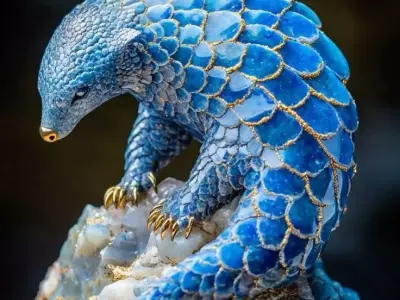 Blue Agate Pangolin Sculpture Gemstone Animal Gold Veins 3D Low-poly 3D model