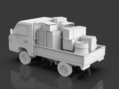 Low Poly Truck With Crates And Barrels - Untextured  Low-poly 3D model