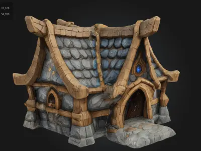Stylized Fantasy House Medieval Wooden and Stone Building Low-poly 3D model