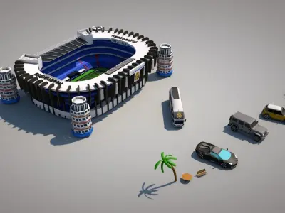 low poly city football stadium with palm trees Low-poly 3D model