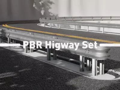 Pbr - Highway Set road with bridge Low-poly 3D model