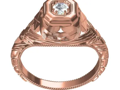 Unique Single Stone engraving Art Deco Ring 3D print model