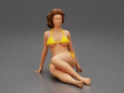Sexy Woman Girl Sitting in Bikini on Beach 3D print model