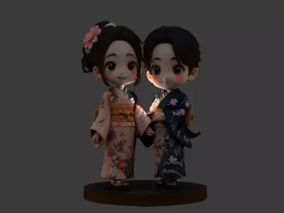 Chinese couple  doll  figure  Low-poly 3D model