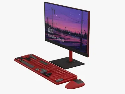 Wireles Computer Set Keyboard Mouse Monitor Berry Red Version 3D model