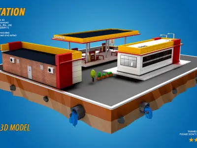 Low Poly Gas Station Market and Car Wash Low-poly 3D model