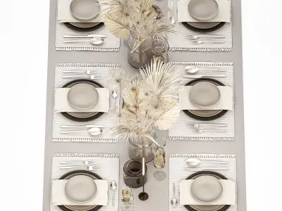 Table setting for 6 persons with a bouquet of dried flowers 3D model