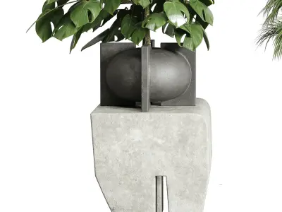 Monstera and Palm set Plants in concrete dirt vase 205 3D model