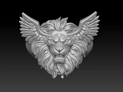 3D Printed Model of Lion Head Ring with Wings 3D print model