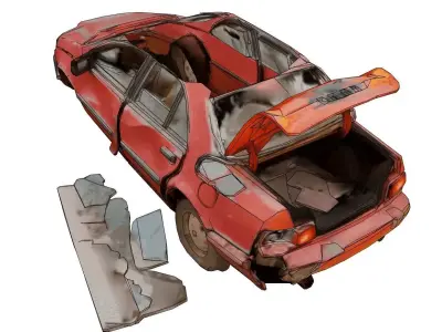 Derelict red car amid debris 3D model