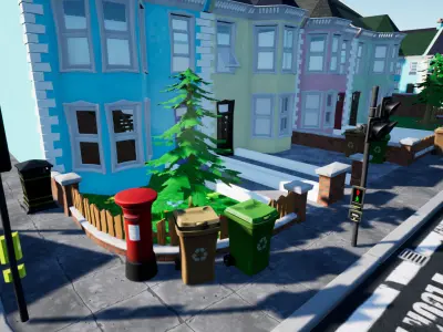 Stylized UK Modular House and Road Low-poly 3D model