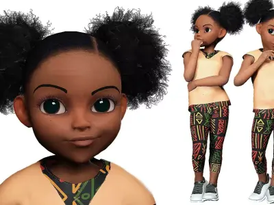 Stylized black afro cartoon girl - Toon Rigged Child 3D model Low-poly 3D model
