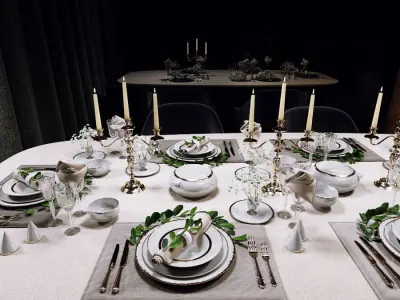 Tableware table setting with silverware and candlesticks 3D model