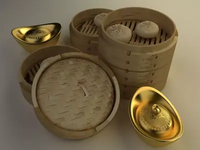 bamboo steamer and Yuanbao 3D model