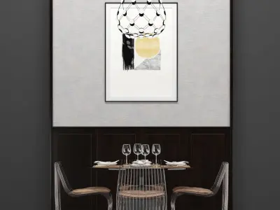 Rock Table and Sign Filo chairs set with Decoration wall 3D model