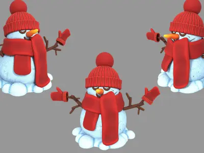 snowman in a red hat and scarf  high-poly 3D model