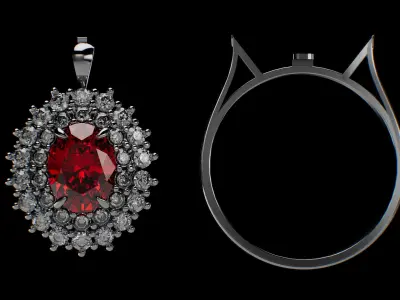 Red Diamond Halo Ring and Pendant 3D print model