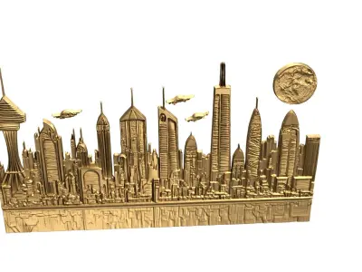   Futuristic Cityscape Printable Relief wall panel decor set 04 3D print model