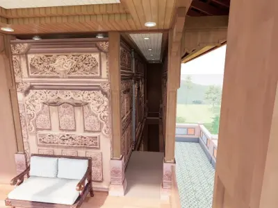 Luxury Wooden Traditional Carving Joglo House Design 2 Floor 3D model
