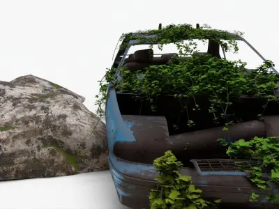 4K realistic low poly abandoned car recycle bin and rock Low-poly 3D model