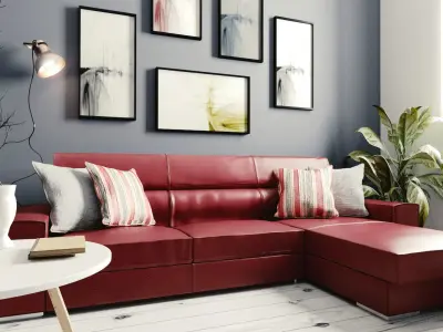 Realistic Corner Sofa- Wine Red 3D model