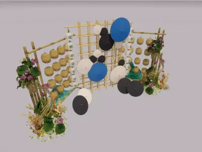 Chinese-style photo backdrop Low-poly 3D model