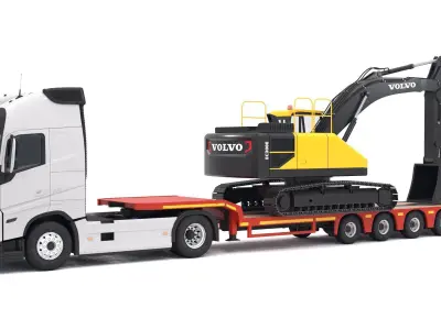 Volvo fh16 2021 and Lowboy Trailer with EC300E Excavator 3D model