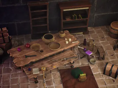 Stylized utensils potion bottles weapons boxes and bookshelves Low-poly 3D model