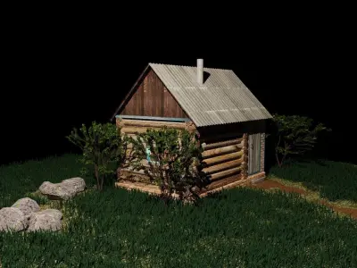 Bathhouse log cabin in middle of grassy field 3D model