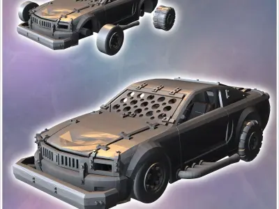 Post-apocalyptic Mustang car with improvised armor and front bum 3D print model