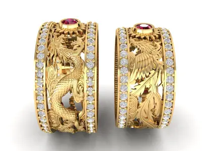 Luxury Dragon and Phoenix Wedding Ring Set 3D Model 565 3D print model