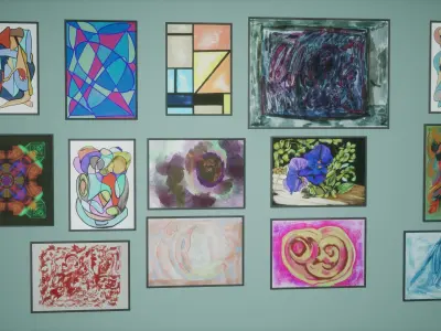 Painting Set Low Poly Game Ready art gallery in virtual world Low-poly 3D model