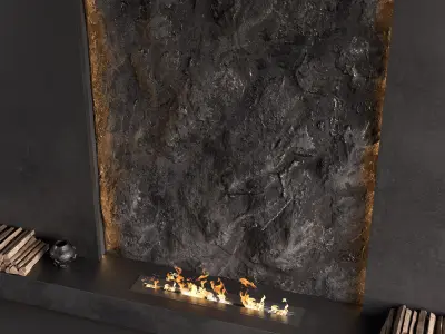 Decorated Rock Wall with Fireplace 3D model