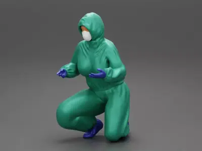 woman wearing antivirus suit sitting and carrying 3D print model