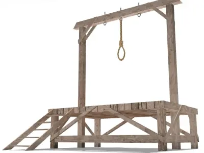 Gallows wooden platform with rope hanging from it Low-poly 3D model
