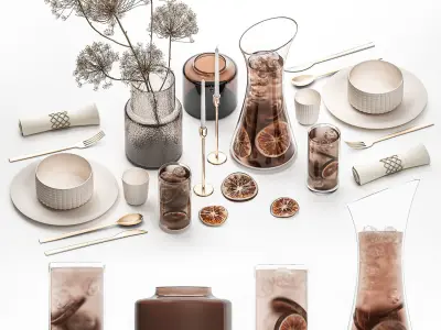 Table Setting With Bouquet And Carafe Of Iced Tea 3D model