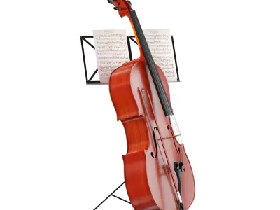 Wooden Cello made of wood with stand and music 3D model