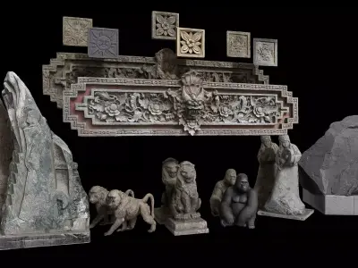 Set of old statues and ethnic deities Low-poly 3D model